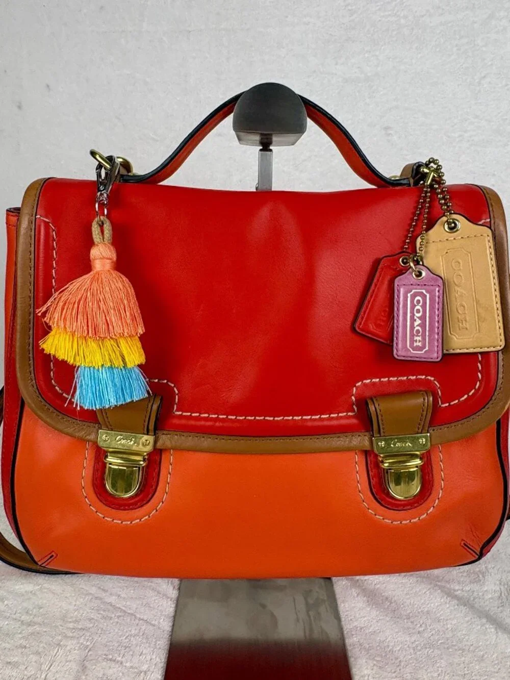 Coach Poppy Rare Colorblock Dylan Flap Satchel in Red/Orange Glovetanned Leather